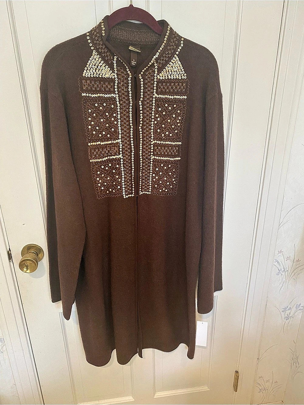 V neck boo gemes Embellished Wool Cardigan in Brown Size 1X Like New